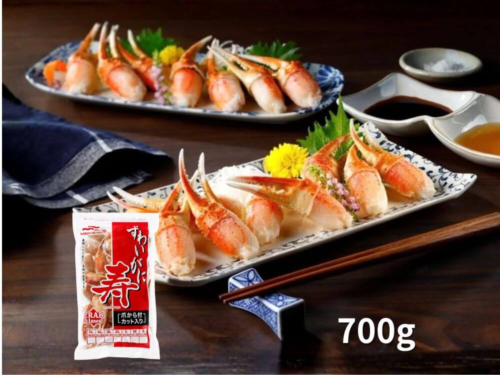 ゆでずわいがに殻付爪「寿」　調理例＆パッケージ